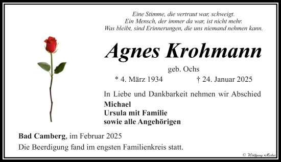 Traueranzeige von Agnes Krohmann von Camberger Anzeiger