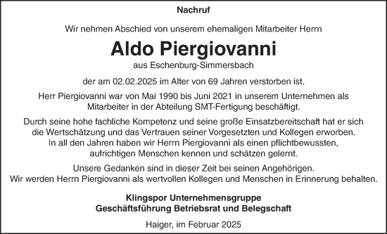 Traueranzeige von Aldo Piergiovanni von Dill Block