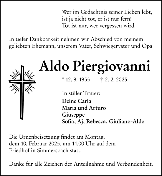 Traueranzeige von Aldo Piergiovanni von Dill Block
