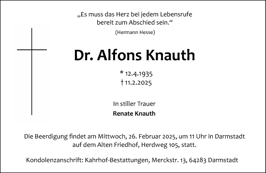 Traueranzeige von Alfons Knauth von Darmstädter Echo