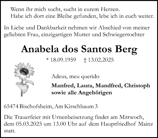Traueranzeige von Anabela dos Santos Berg von Allgemeine Zeitung Mainz