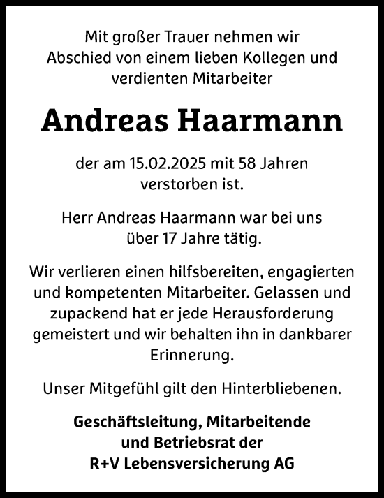 Traueranzeige von Andreas Haarmann von Wiesbadener Kurier