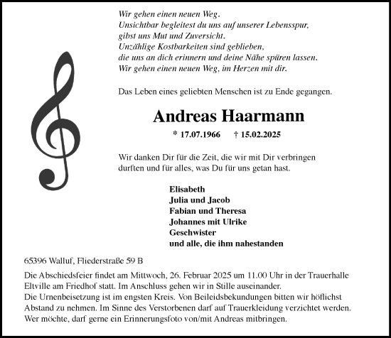 Traueranzeige von Andreas Haarmann von Rheingau Kurier