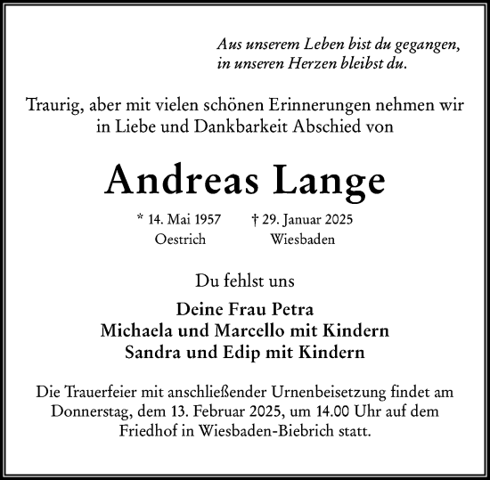 Traueranzeige von Andreas Lange von Wiesbadener Kurier