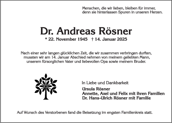 Traueranzeige von Andreas Rösner von Wiesbadener Kurier