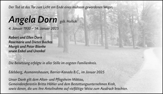 Traueranzeige von Angela Dorn von Weilburger Tageblatt