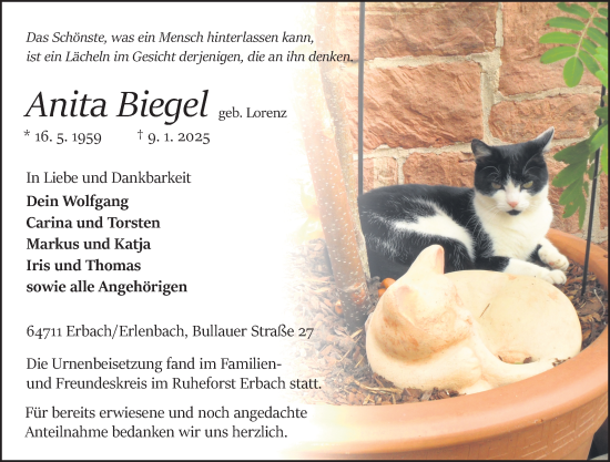 Traueranzeige von Anita Biegel von Odenwälder Echo