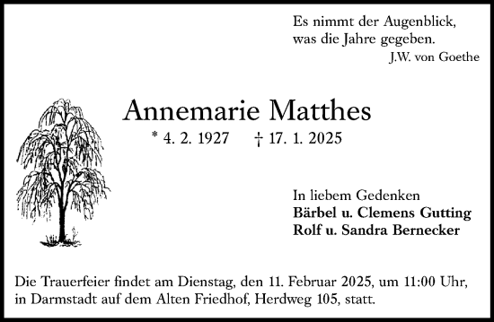 Traueranzeige von Annemarie Matthes von Darmstädter Echo