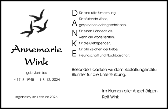 Traueranzeige von Annemarie Wink von Allgemeine Zeitung Rheinhessen-Nahe