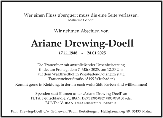 Traueranzeige von Ariane Drewing-Doell von Allgemeine Zeitung Mainz
