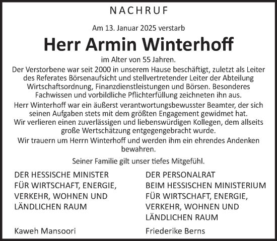 Traueranzeige von Armin Winterhoff von Wiesbadener Kurier
