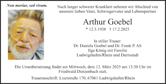 Traueranzeige von Arthur Goebel von Darmstädter Echo