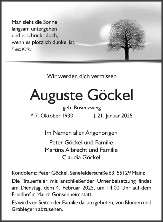 Traueranzeige von Auguste Göckel von Allgemeine Zeitung Mainz