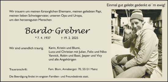 Traueranzeige von Bardo Grebner von Allgemeine Zeitung Mainz