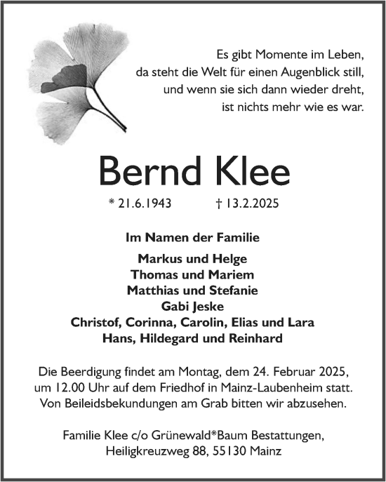 Traueranzeige von Bernd Klee von Allgemeine Zeitung Mainz
