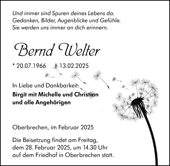 Traueranzeige von Bernd Welter von Camberger Anzeiger