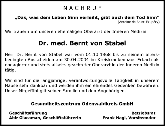 Traueranzeige von Bernt von Stabel von Odenwälder Echo