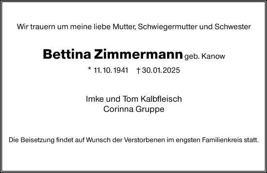 Traueranzeige von Bettina Zimmermann von Dieburger Anzeiger/Groß-Zimmerner Lokal-Anzeiger