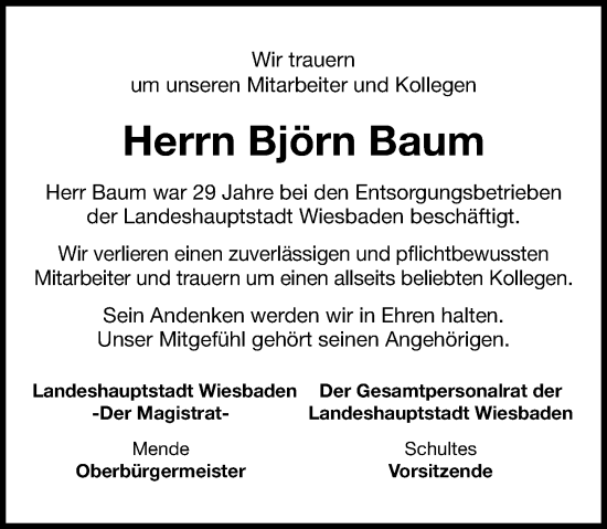 Traueranzeige von Björn Baum von Wiesbadener Kurier