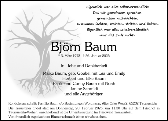 Traueranzeige von Björn Baum von Wiesbadener Kurier