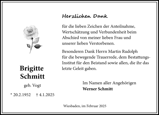 Traueranzeige von Brigitte Schmitt von Wiesbadener Kurier