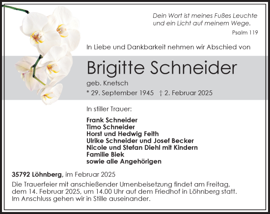 Traueranzeige von Brigitte Schneider von Weilburger Tageblatt
