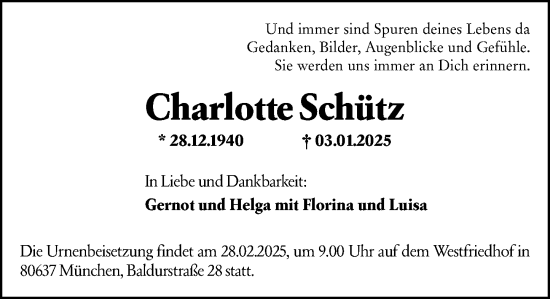 Traueranzeige von Charlotte Schütz von Wiesbadener Kurier