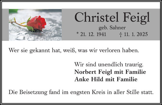 Traueranzeige von Christel Feigl von Wetzlarer Neue Zeitung