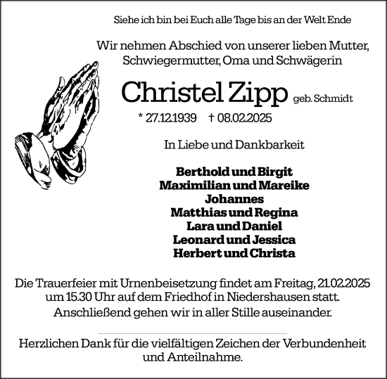 Traueranzeige von Christel Zipp von Weilburger Tageblatt