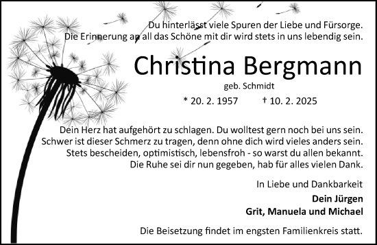 Traueranzeige von Christina Bergmann von Odenwälder Echo