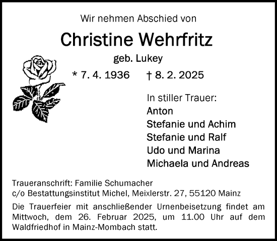 Traueranzeige von Christine Wehrfritz von Allgemeine Zeitung Mainz