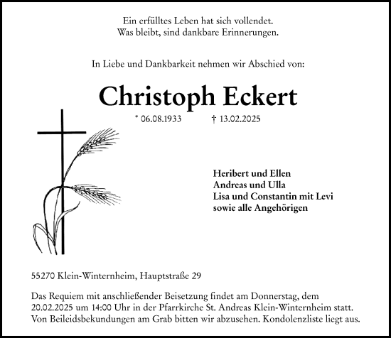 Traueranzeige von Christoph Eckert von Allgemeine Zeitung Mainz