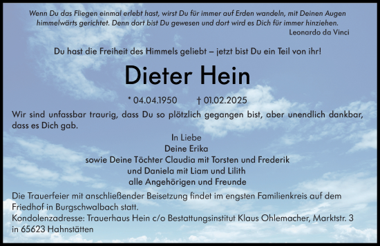 Traueranzeige von Dieter Hein von Idsteiner Land/Untertaunus