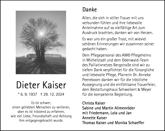 Traueranzeige von Dieter Kaiser von Odenwälder Echo
