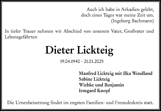 Traueranzeige von Dieter Lickteig von Wiesbadener Kurier