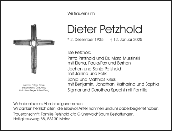 Traueranzeige von Dieter Petzhold von Allgemeine Zeitung Mainz