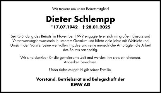 Traueranzeige von Dieter Schlempp von Wiesbadener Kurier