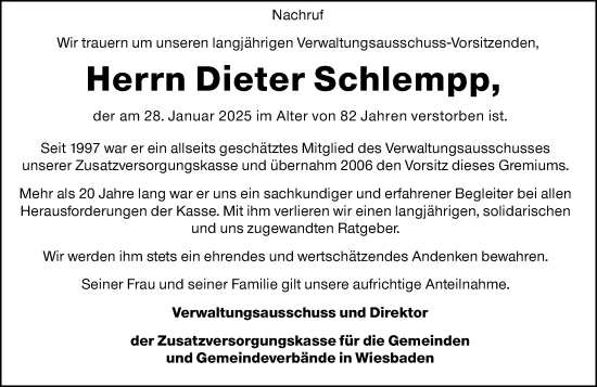 Traueranzeige von Dieter Schlempp von Wiesbadener Kurier