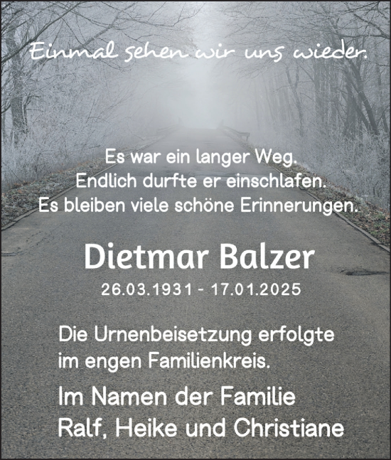 Traueranzeige von Dietmar Balzer von Starkenburger Echo