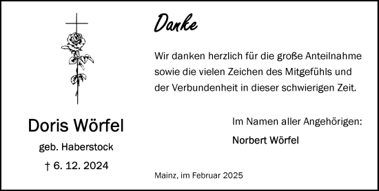 Traueranzeige von Doris Wörfel von Allgemeine Zeitung Mainz