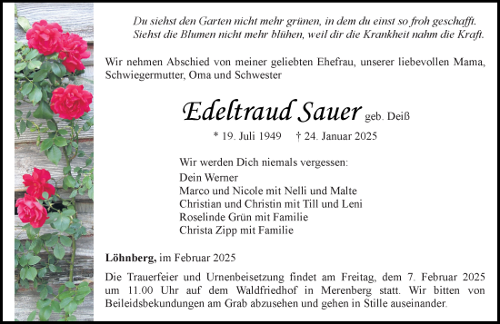 Traueranzeige von Edeltraud Sauer von Weilburger Tageblatt