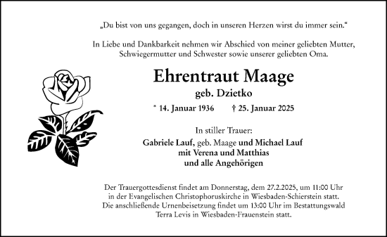 Traueranzeige von Ehrentraut Maage von Wiesbadener Kurier