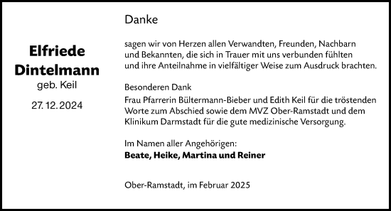 Traueranzeige von Elfriede Dintelmann von Darmstädter Echo