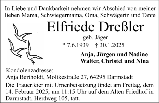 Traueranzeige von Elfriede Dreßler von Darmstädter Echo