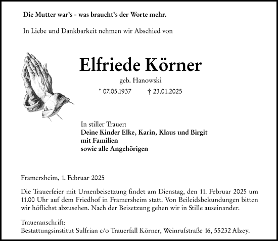 Traueranzeige von Elfriede Körner von Allgemeine Zeitung Alzey