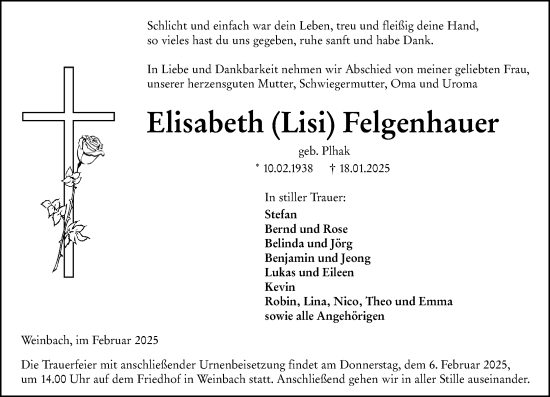 Traueranzeige von Elisabeth Felgenhauer von Weilburger Tageblatt