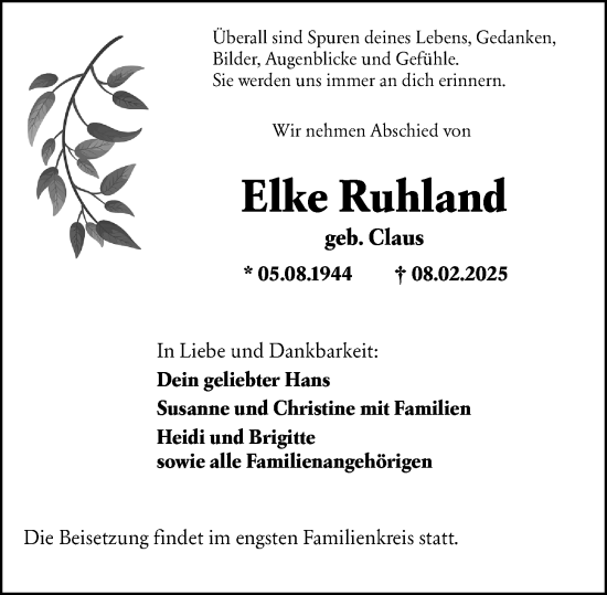Traueranzeige von Elke Ruhland von Rüsselsheimer Echo