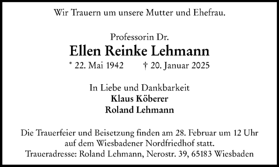 Traueranzeige von Ellen Reinke Lehmann von Wiesbadener Kurier
