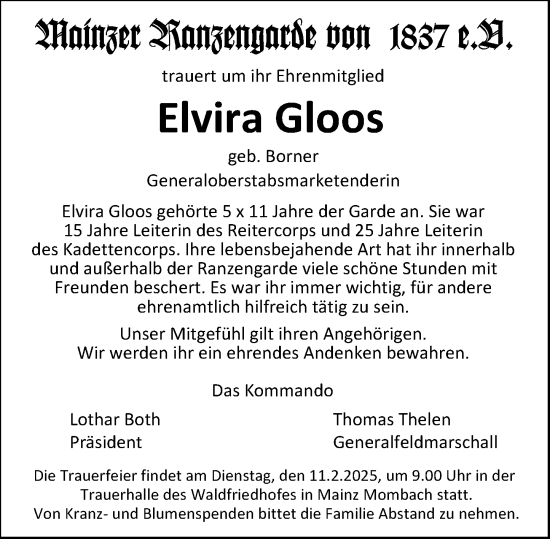 Traueranzeige von Elvira Gloos von Allgemeine Zeitung Mainz