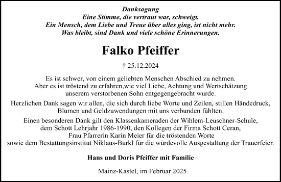 Traueranzeige von Falko Pfeiffer von Allgemeine Zeitung Mainz